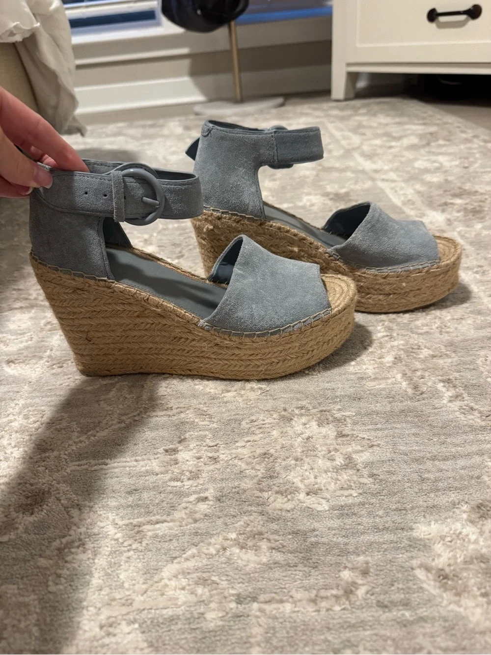 Marc Fisher Powder Blue Suede Espadrille Wedge Sandals with Ankle Buckle